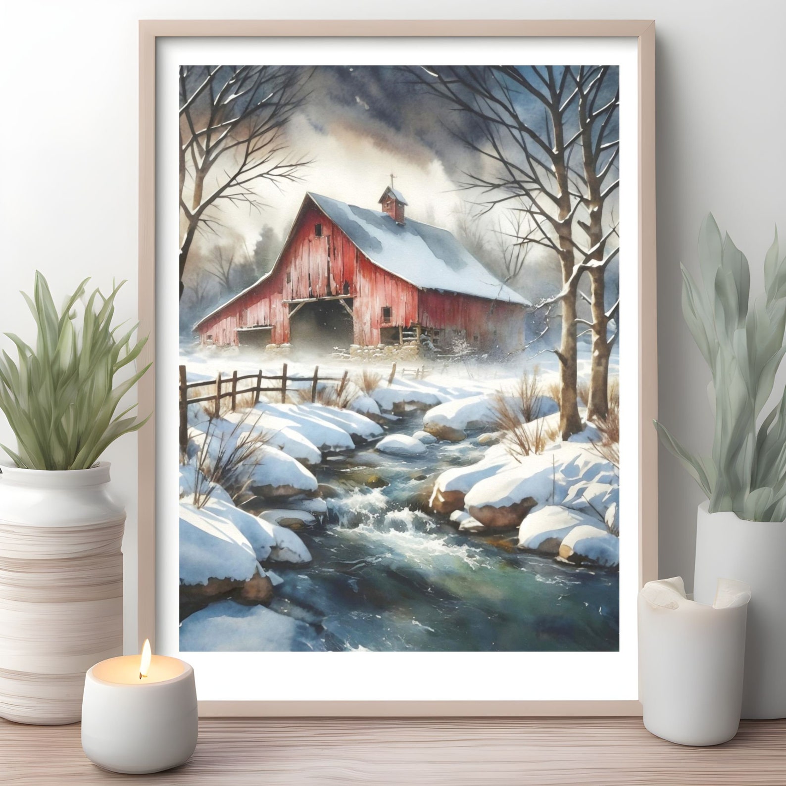 Snowy Old Barn Print Winter Farm Country Road Watercolor Style Painting ...
