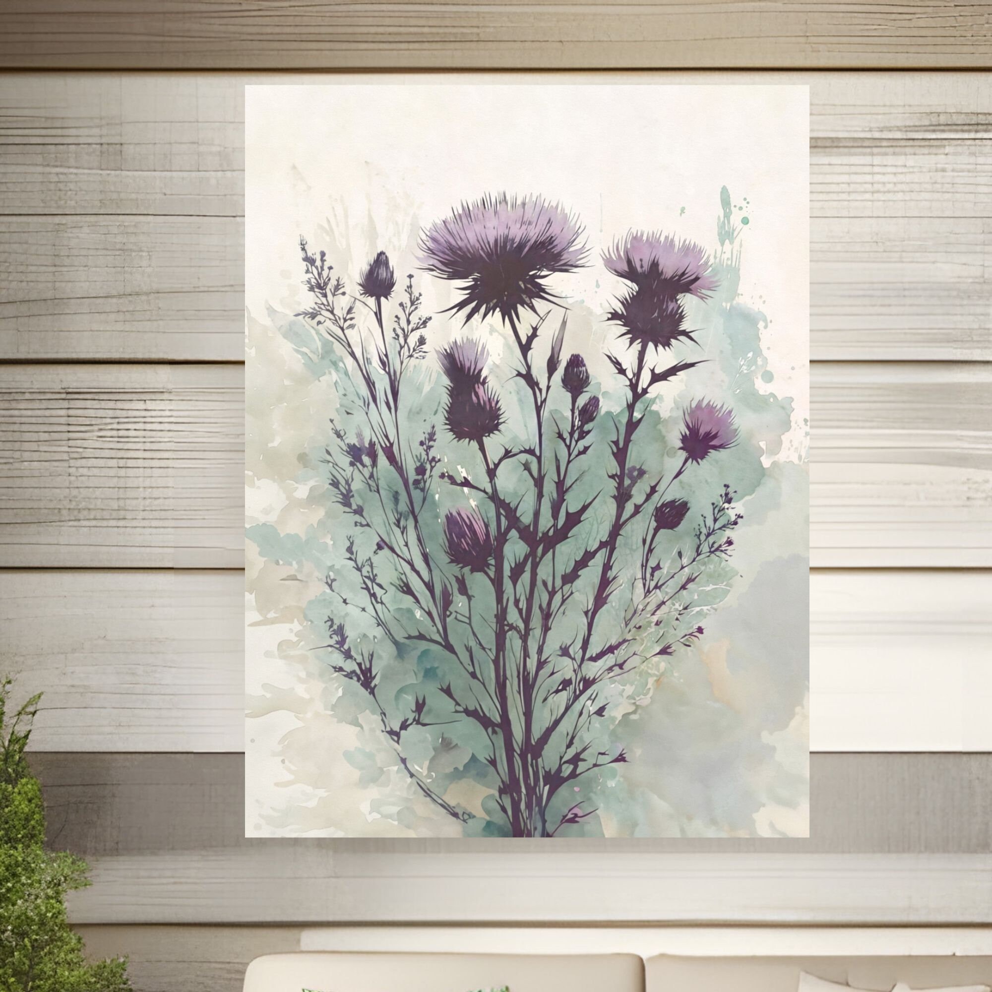 Purple Thistle Watercolor Style Painting Sage Green Floral Art Print Minimalistic Wildflower Farmhouse Decor Satin or Archival Matte Poster