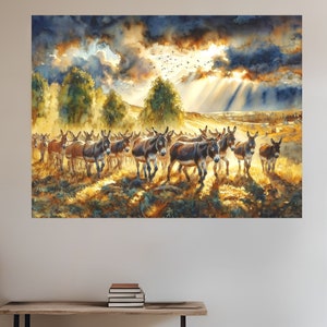 Watercolor Donkey Herd Print: Farm Pasture Illustration, Rustic Wall Art