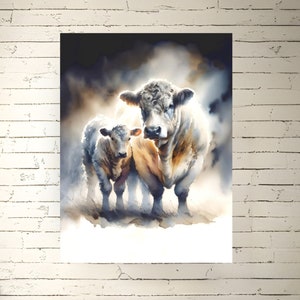 Watercolor Charolais Cow And Calf Print Cattle Wall Art Farm Lovers Gifts Ranch Cow Painting Farmhouse Décor Satin Archival Matte Poster