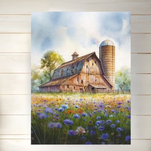 Old Brown Barn Watercolor Style Painting Rural Wall Art Rustic Print Spring Wildflowers Country Landscape Satin or Archival Matte Poster