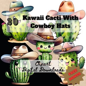 Cute Cactus Clipart Bundle, 20 Kawaii Cacti PNG Files, Chibi American Western Cowboy Hat, DIY Farm Designs, Rustic Watercolor Style Art