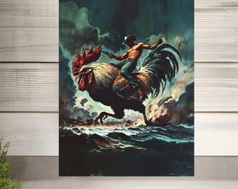 Retro Cowboy Riding Giant Rooster Western Art Pulp Fiction Vintage Style Illustration Portrait Wild West Decor Satin, Archival Matte Poster