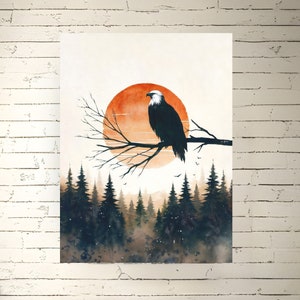 Bald Eagle Watercolor Print: Sunset Forest Landscape Art
