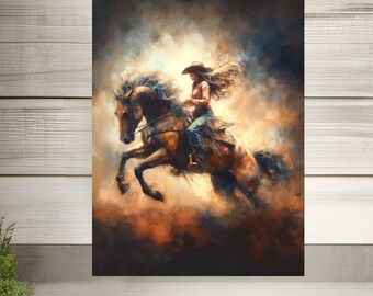 Cowgirl Western Art Vintage Impasto Oil Painting Style Rodeo Bucking Bronco Wild Horse Riding Equestrian Decor Satin Archival Matte Poster