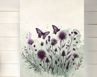 Purple Thistle Butterflies Watercolor Style Painting Sage Green Art Print Minimalistic Mauve Farmhouse Decor Satin or Archival Matte Poster