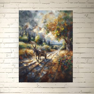 Esel zieht einen Karren Impasto Ölmalerei Stil Druck Reiter Wand Kunstwerk Bauernhof Tiere Bauernhaus Dekor Satin oder Archival Matte Poster