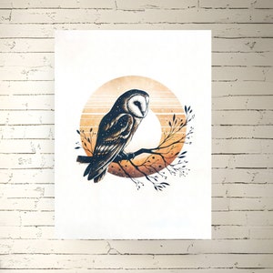 Barn Owl Watercolor Print: Sunset Landscape, Farmhouse Decor