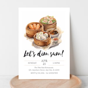 Op de afbeelding: Een aquarel-illustratie van een dim sum-uitnodiging met de tekst "Let's dim sum!" en details voor een dim sum-evenement op zondag 21 april om 13:30 uur. De uitnodiging bevat de naam van het restaurant, het adres en de RSVP-informatie.