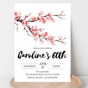 Invito di compleanno cinese, invito giapponese Sakura Cherry Blossom, compleanno orientale, primavera, invito al capodanno lunare Modello modificabile CANVA