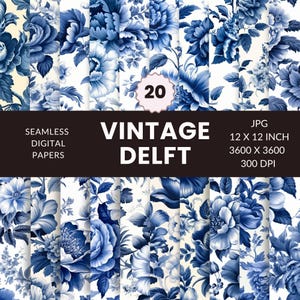 Vintage Delft Seamless Pattern, Digital Paper Pack, Flowers, Traditional, Instant Download, Commercial Use, JPG