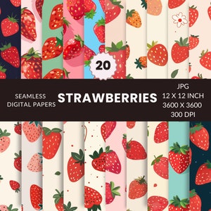 20 Erdbeeren Musterdesign, Digital Paper Pack, Obst, Sofort Download, Hintergründe & Texturen, kommerzielle Nutzung, JPG