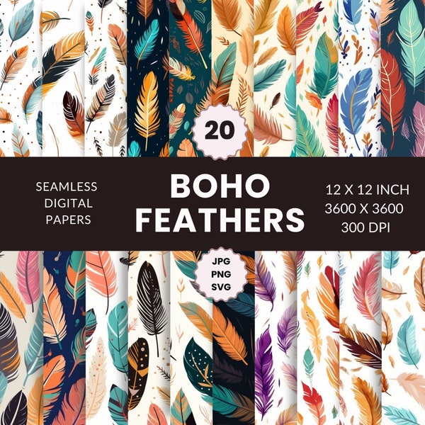 20 Feathers Seamless Boho Pattern, Digital Paper Pack, Bohemian-inspired,Feather illustrations,Instant Download,Commercial Use,JPG, PNG, SVG