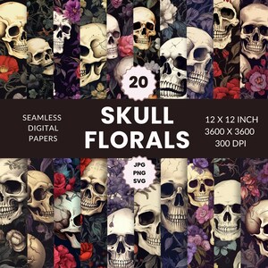 May include: 20 digital papers featuring seamless patterns of skulls and flowers. The patterns are in shades of black, white, red, pink, and green. Each pattern is 12 inches by 12 inches and 300 DPI.