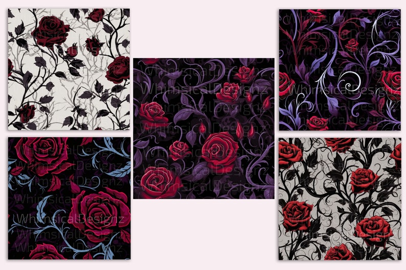 20 Gothic Roses Seamless Leaves Pattern, Digital Paper Pack, Dark ...