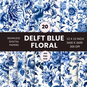 20 Delfts blauwe bloemen naadloos patroon, digitaal papierpakket, blauwe en witte prints, traditioneel, direct downloaden, commercieel gebruik