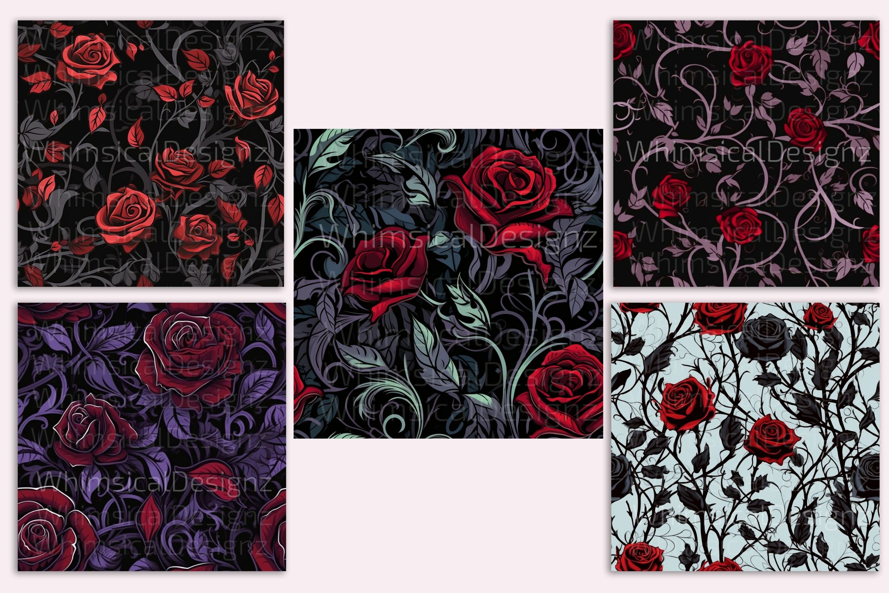20 Gothic Roses Seamless Leaves Pattern, Digital Paper Pack, Dark ...