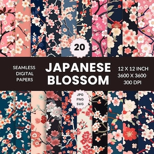 20 Padrão sem emenda de flor japonesa, pacote de papel digital, inspirado na natureza, arte floral, download instantâneo, uso comercial, JPG, PNG, SVG