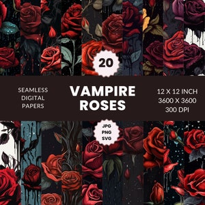 May include: A set of 20 digital papers featuring a seamless pattern of dark red roses with dripping black liquid on a black background. The text "VAMPIRE ROSES" is displayed in white letters on a black background. The papers are available in JPG, PNG, and SVG formats.  The papers are 12 x 12 inches, 3600 x 3600 pixels, and 300 DPI.