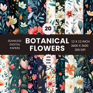 Padrão sem emenda de 20 flores botânicas, pacote de papel digital, ilustrações florais, inspirado na natureza, download instantâneo, uso comercial, JPG, PNG, SVG