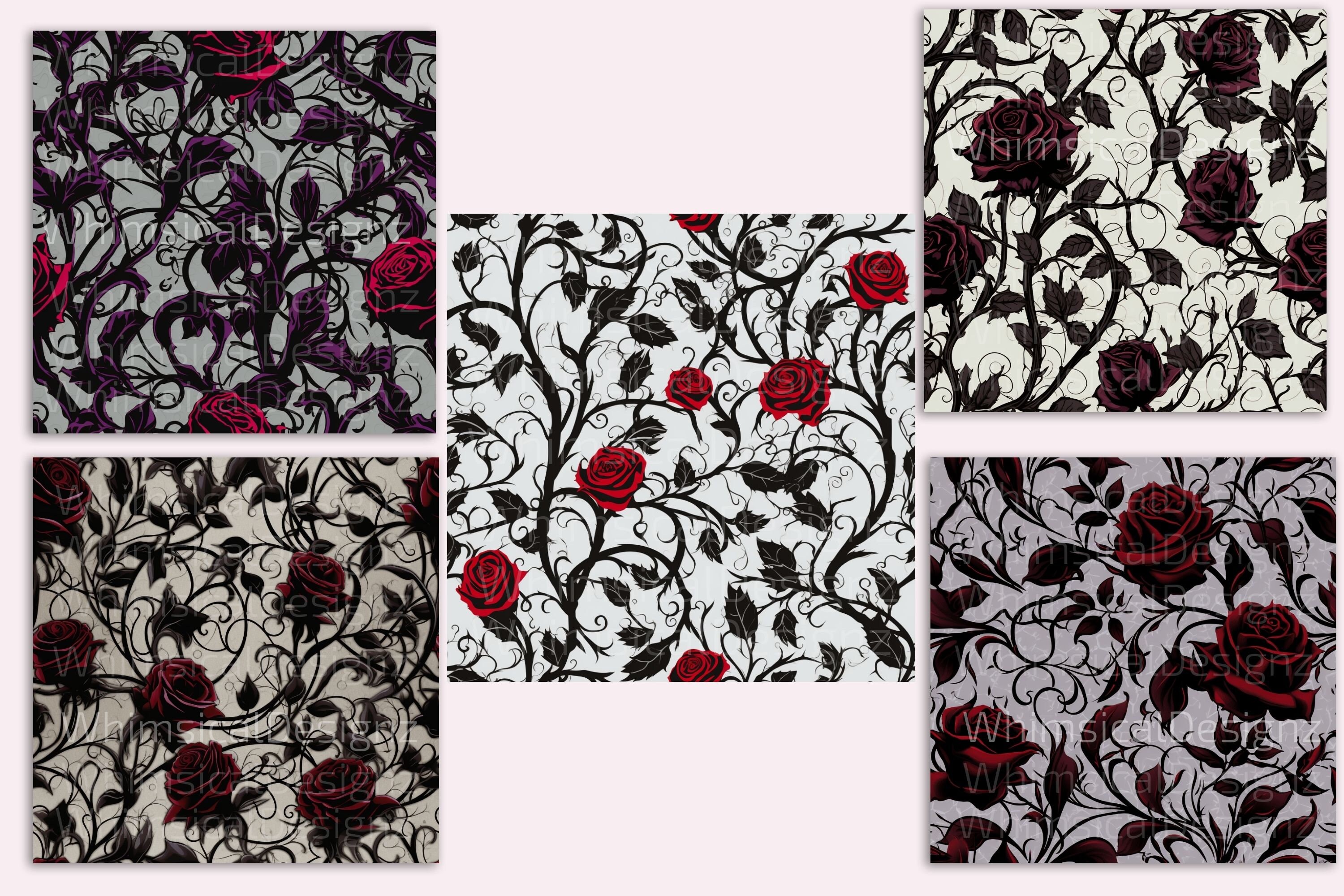 20 Gothic Roses Seamless Leaves Pattern, Digital Paper Pack, Dark ...