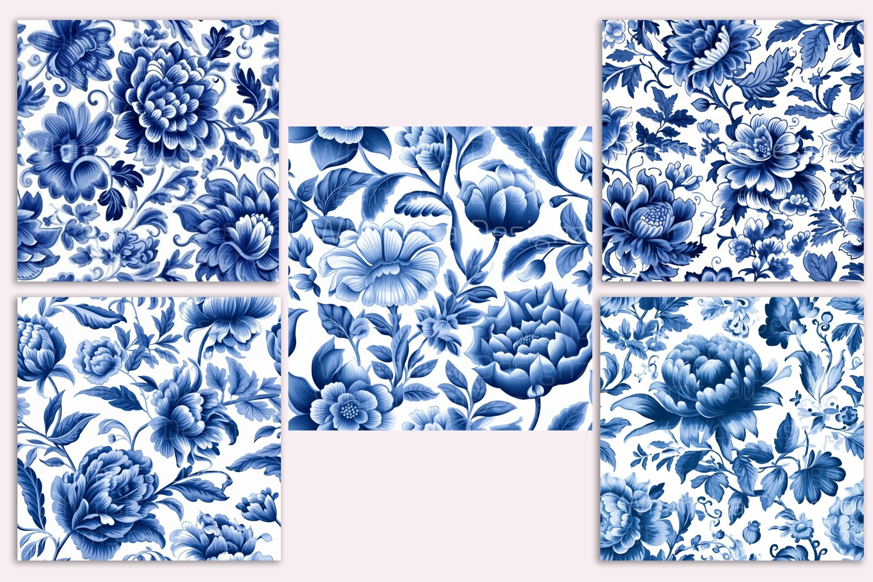 20 Delft Blue Florals Seamless Pattern, Digital Paper Pack, Blue and ...