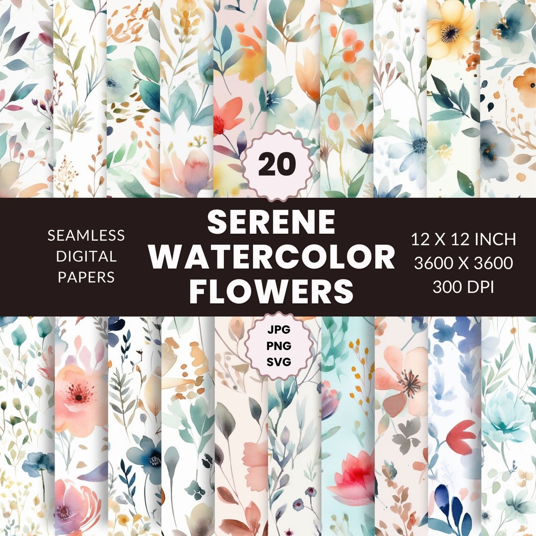 20 Serene Watercolor Flowers Seamless Pattern, Digital Paper Pack ...