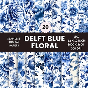 20 Delft Blau Blumen Muster, Digital Paper Pack, blau und weiß Drucke, Traditionell, Instant Download, kommerzielle Nutzung