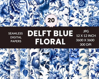 20 bezszwowe wzory Delft Blue Florals, cyfrowy pakiet papieru, nadruki w kolorze niebieskim i białym, tradycyjny, natychmiastowe pobranie, do użytku komercyjnego
