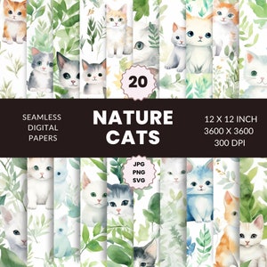 20 Nature Cats Seamless Pattern, pacote de papel digital, gatinhos adoráveis, inspirado em animais, download instantâneo, uso comercial, JPG, PNG, SVG