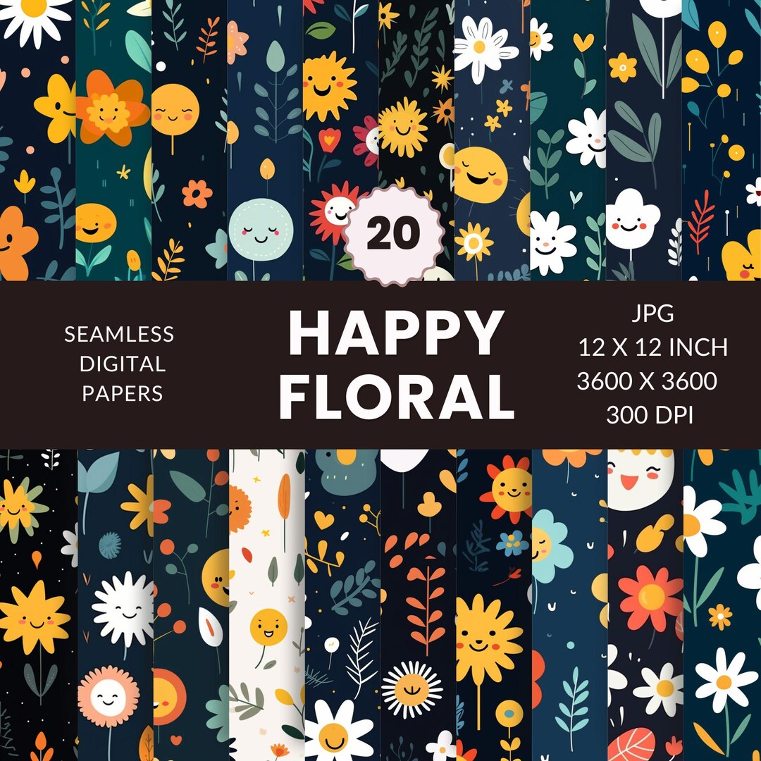 20 Happy Floral Seamless Pattern, Digital Paper Pack, Flowers, Instant ...