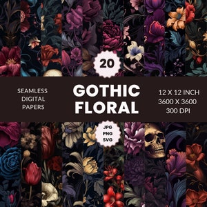 20 Gothic Seamless floral Pattern, Digital Paper Pack, Nature-Inspired, Dark Floral, Instant Download, Commercial Use, JPG, PNG, SVG