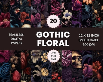20 Gothic Seamless floral Pattern, Digital Paper Pack, Nature-Inspired, Dark Floral, Instant Download, Commercial Use, JPG, PNG, SVG