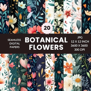 20 Botanical Flowers Seamless Pattern, Digital Paper Pack,Floral illustrations,Nature-inspired,Instant Download,Commercial Use,JPG