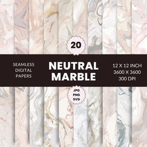 Op de afbeelding: 20 naadloze digitale papieren met neutrale marmerpatronen in tinten wit, grijs, roze en goud. Elk papier is 12 x 12 inch, 3600 x 3600 pixels en 300 DPI. Beschikbaar in JPG, PNG en SVG-formaten.