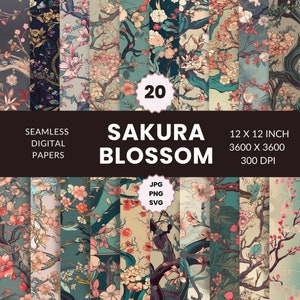 20 Sakura Blossom naadloos patroon, digitaal papierpakket, op de natuur geïnspireerd, bloemsierkunst, Instant Download, commercieel gebruik, JPG, PNG, SVG