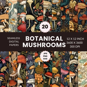 20 Padrão botânico de cogumelo sem costura, pacote de papel digital, inspirado na natureza, papel de parede de casa de campo Download instantâneo, uso comercial, JPG, PNG, SVG