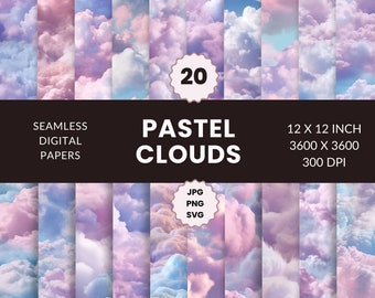 20 Pastel Fluffy Clouds Seamless Pattern, Digital Paper Pack, Dreamy, Soft Sky Textures, Instant Download, Commercial Use, JPG, SVG, PNG