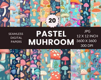 20 Pastel Seamless Mushroom Pattern, Digital Paper Pack, Nature-Inspired, Floral Mushrooms, Instant Download, Commercial Use, JPG