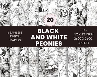 20 Black and White Peonies Seamless Pattern, Digital Paper Pack, Floral illustrations, Instant Download, Commercial Use, JPG, JPEG