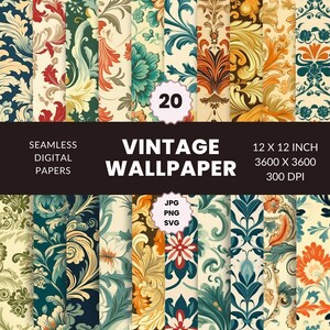 20 vintage Wallpaper Seamless Pattern, Digital Paper Pack, Dessins rétro, Style antique, Téléchargement instantané, Utilisation commerciale