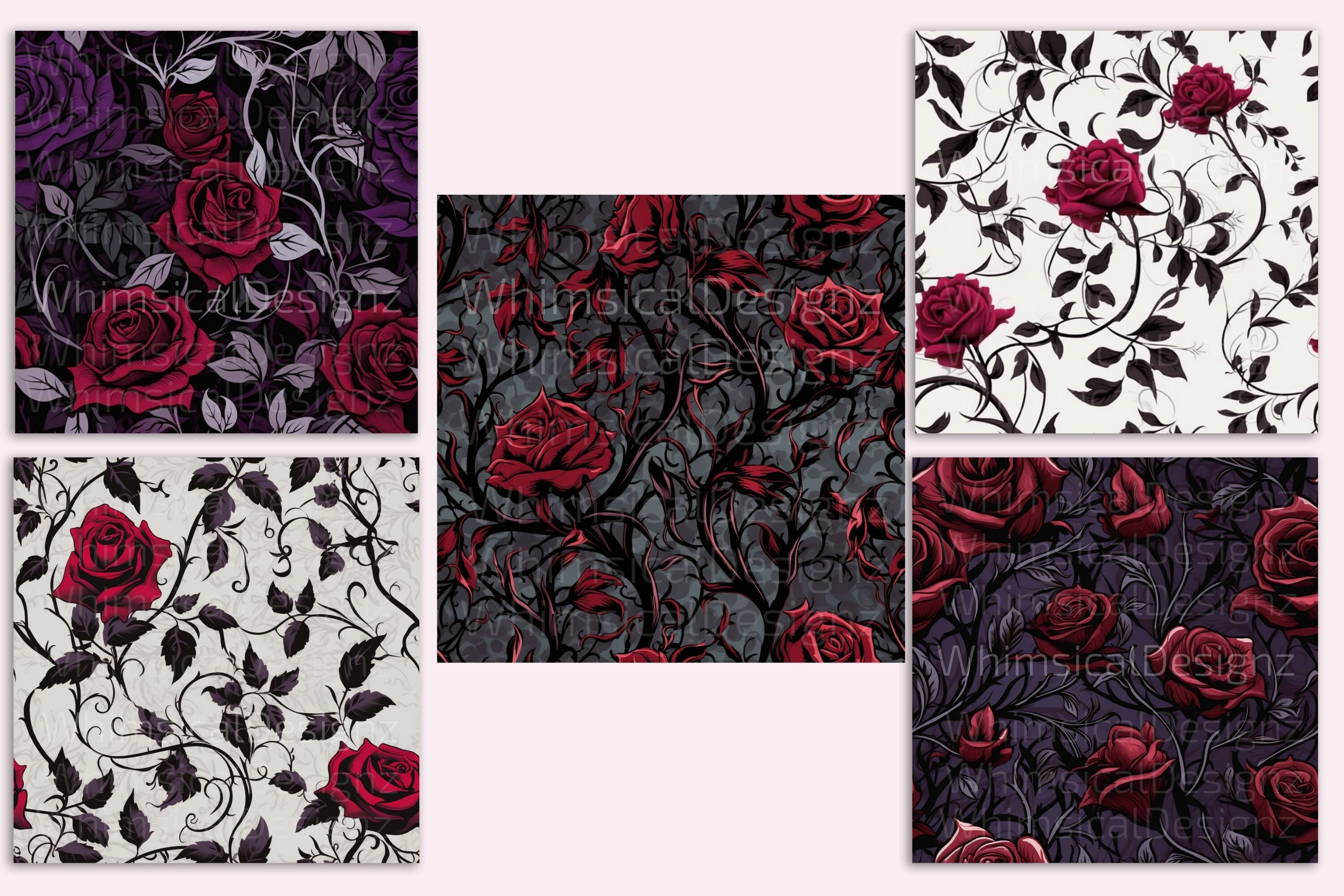 20 Gothic Roses Seamless Leaves Pattern, Digital Paper Pack, Dark ...