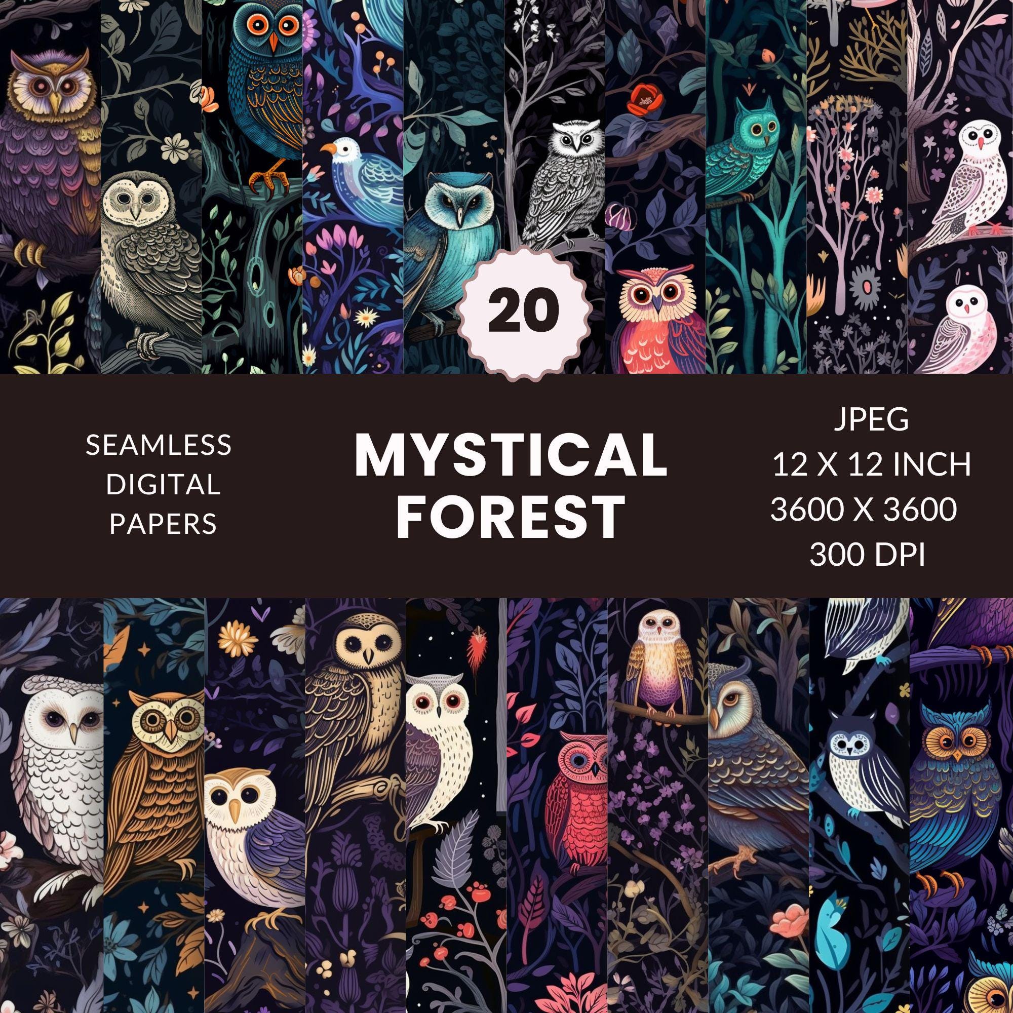 20 Owl Mystical Forest Seamless Leaves Pattern, Digital Paper Pack, Nighttime illustrations, Instant