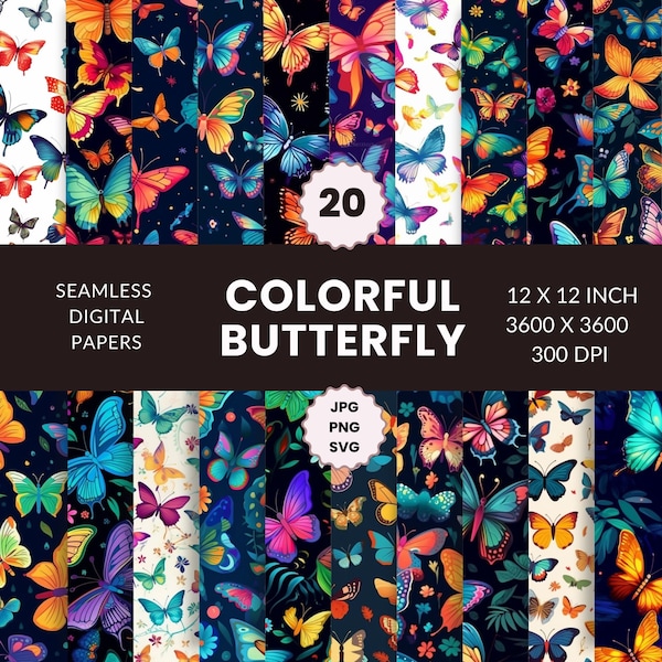 20 Butterfly Seamless colorful Pattern, Digital Paper Pack, Wildlife art, Animal-inspired, Instant Download, Commercial Use, JPG, PNG, SVG