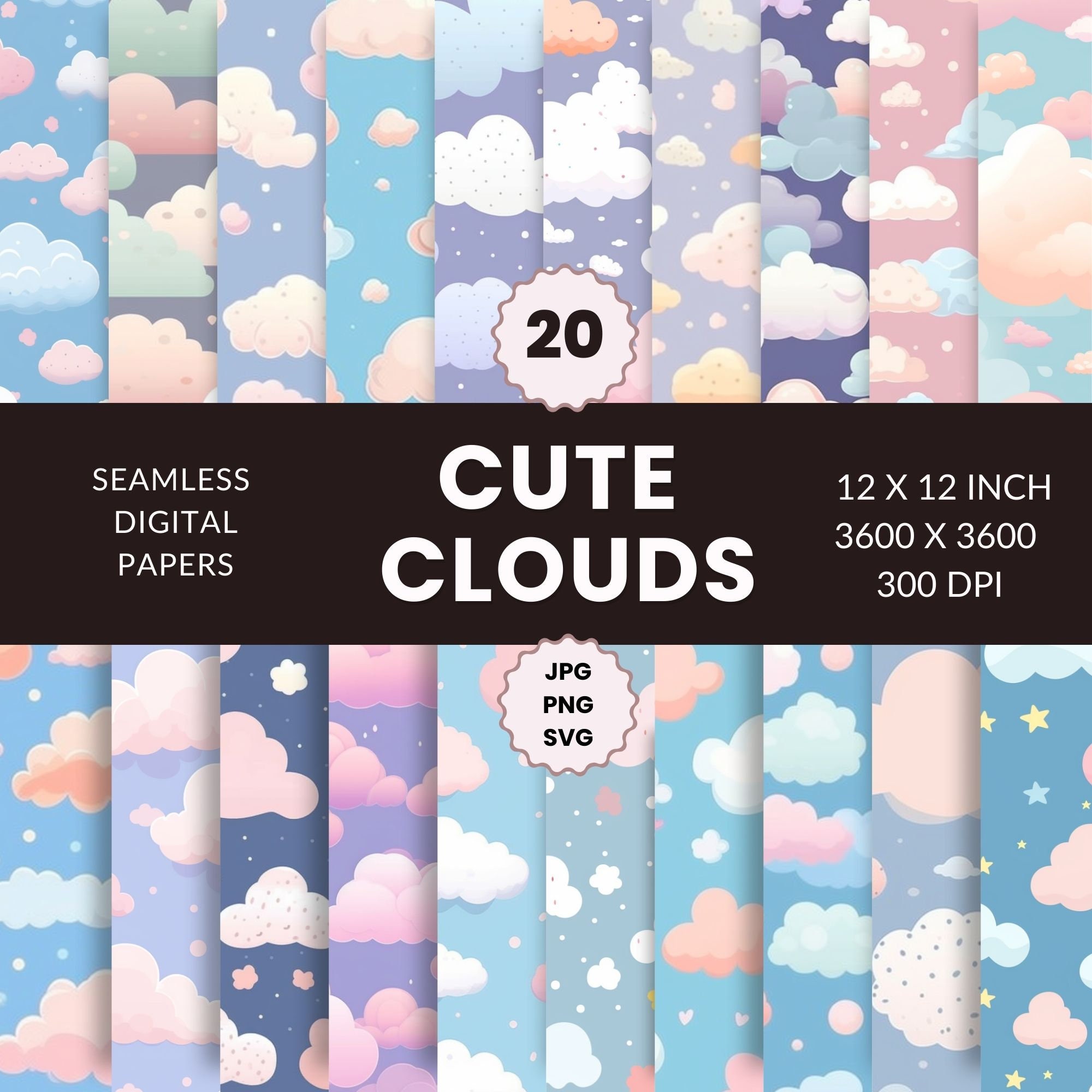 20 Cute Clouds Seamless Pattern, Digital Paper Pack, Sky, Instant Download, Commercial Use, PNG, JPG, SVG