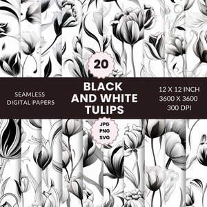 20 schwarz weiße Tulpen Muster, Digital Paper Pack, Sofort Download, kommerzielle Nutzung, JPG, PNG, SVG