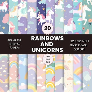 20 Rainbows and Unicorns Seamless Pattern, Digital Paper Pack, Sky, Instant Download, Commercial Use, PNG, JPG, SVG