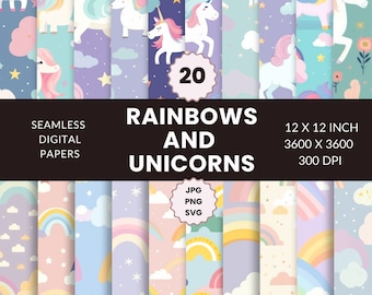 20 Rainbows and Unicorns Seamless Pattern, Digital Paper Pack, Sky, Instant Download, Commercial Use, PNG, JPG, SVG