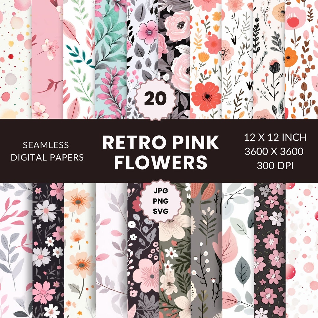 20 Retro Pink Flowers Seamless Leaves Pattern, Digital Paper Pack ...
