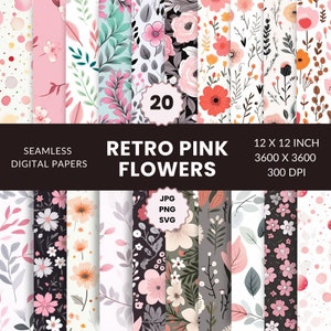 Peut inclure: Un ensemble de 20 papiers numériques avec des motifs floraux roses rétro. Les papiers mesurent 30,5 x 30,5 cm, 3600 x 3600 pixels et 300 DPI. Les motifs comprennent diverses fleurs roses, des feuilles et des points sur différents fonds.
